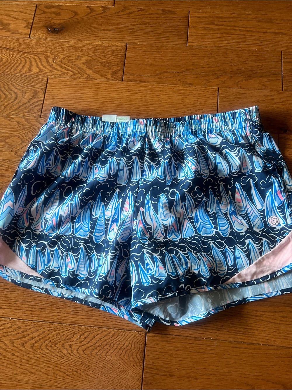 Lilly Pulitzer Navy Sailboat Print Athletic Shorts with Pink Trim